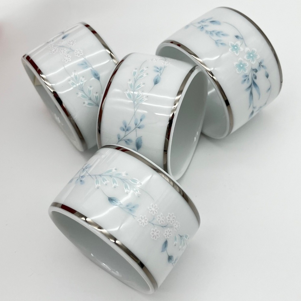 Vintage Noritake Carolyn Napkin Rings Set of 4 White Porcelain Blue Floral #2693